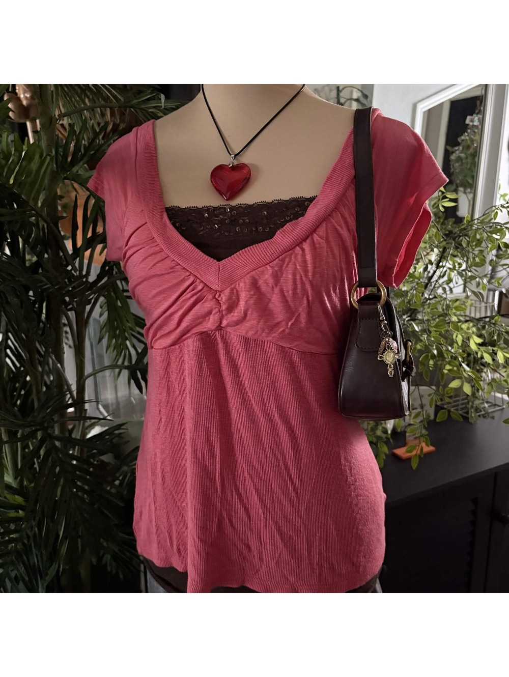y2k pink ribbed babydoll top